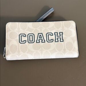 Coach Beige Signature Zip Wristlet with Navy Logo